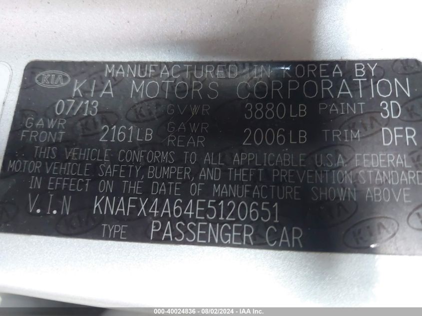 2014 Kia Forte Lx VIN: KNAFX4A64E5120651 Lot: 40024836