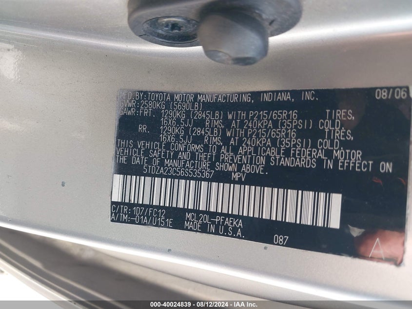 2006 Toyota Sienna Le VIN: 5TDZA23C56S535367 Lot: 40024839