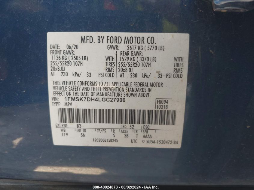 1FMSK7DH4LGC27906 2020 Ford Explorer Xlt