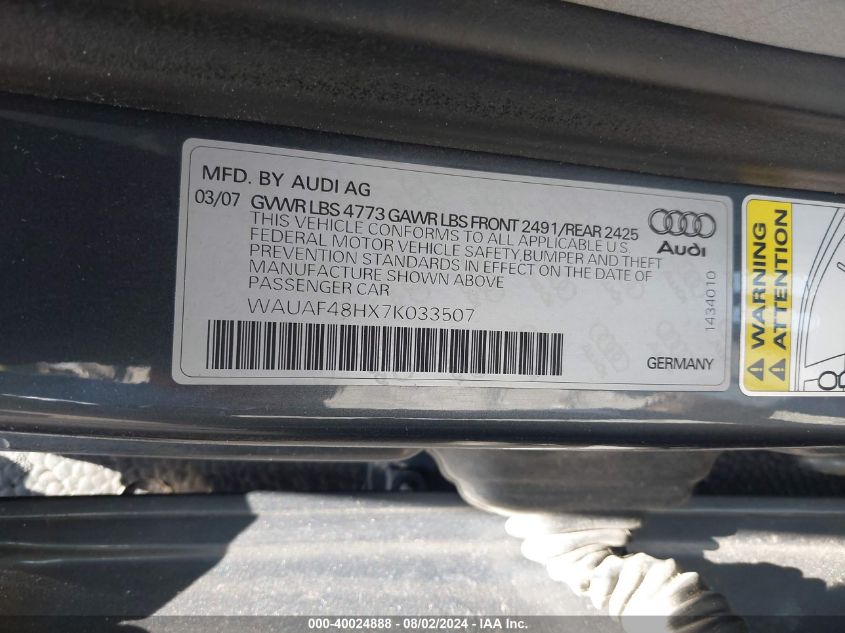 2007 Audi A4 2.0T VIN: WAUAF48HX7K033507 Lot: 40024888