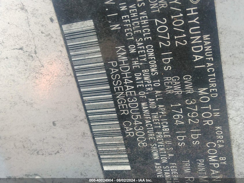 2013 Hyundai Elantra Gls/Limited VIN: KMHDH4AE3DU543008 Lot: 40024904