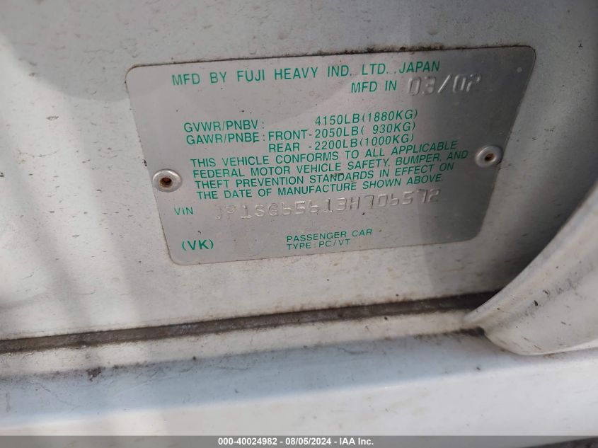 2003 Subaru Forester 2.5Xs VIN: JF1SG65613H706572 Lot: 40024982