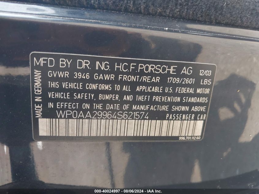 2004 Porsche 911 Carrera/Carrera 40Th Anniversary/Carrera 4S VIN: WP0AA29964S621574 Lot: 40024997