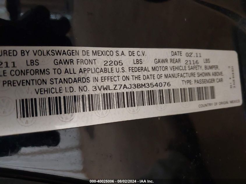 3VWLZ7AJ3BM354076 2011 Volkswagen Jetta 2.5L Sel