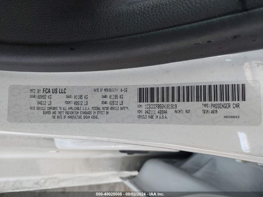 2016 Chrysler 200 Touring VIN: 1C3CCCFB5GN181919 Lot: 40025005