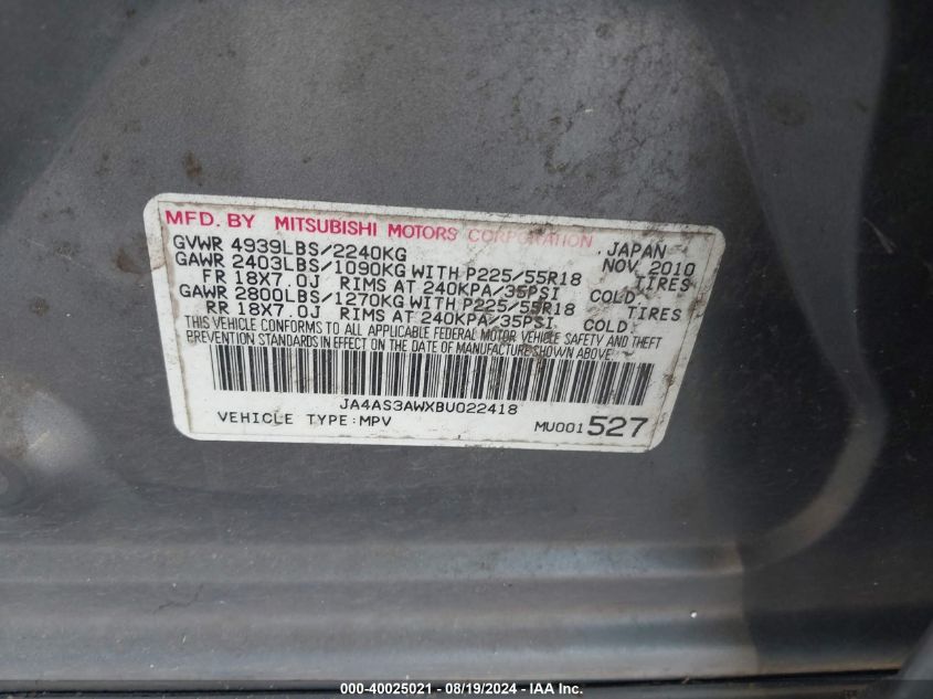 2011 Mitsubishi Outlander Se VIN: JA4AS3AWXBU022418 Lot: 40025021