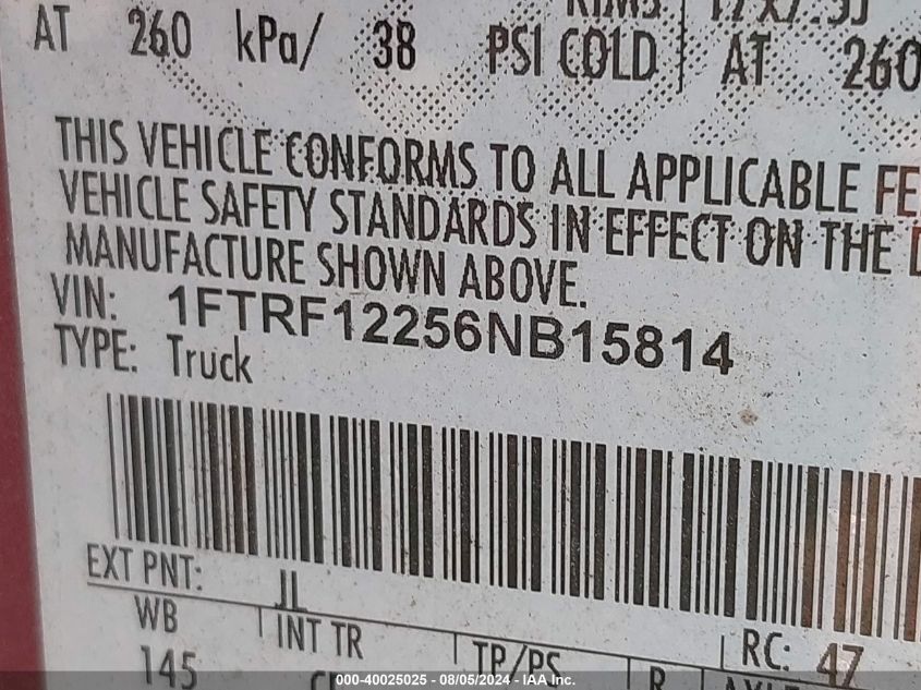 2006 Ford F-150 Stx/Xl/Xlt VIN: 1FTRF12256NB15814 Lot: 40025025