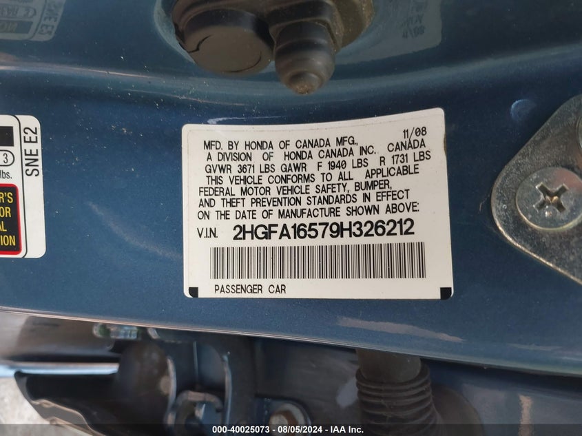2009 Honda Civic Lx VIN: 2HGFA16579H326212 Lot: 40025073