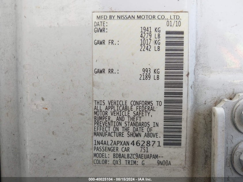 2010 Nissan Altima 2.5 S VIN: 1N4AL2APXAN462871 Lot: 40025104