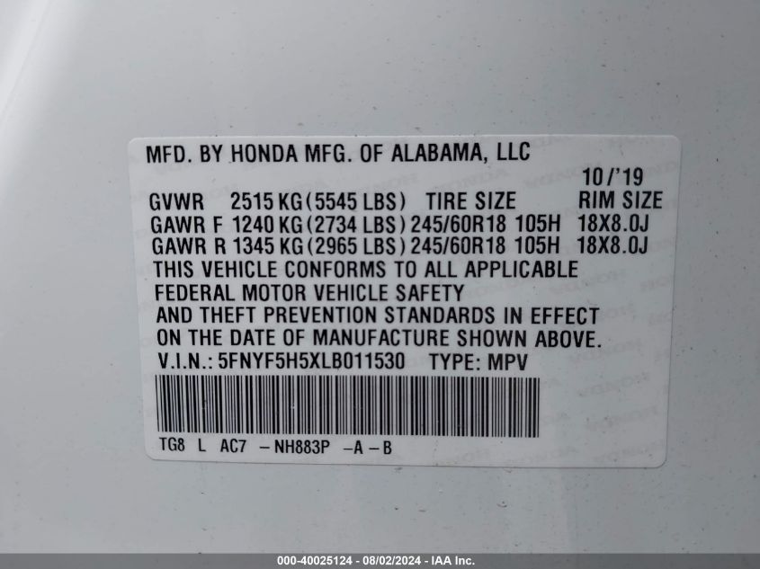 2020 Honda Pilot 2Wd Ex-L VIN: 5FNYF5H5XLB011530 Lot: 40025124