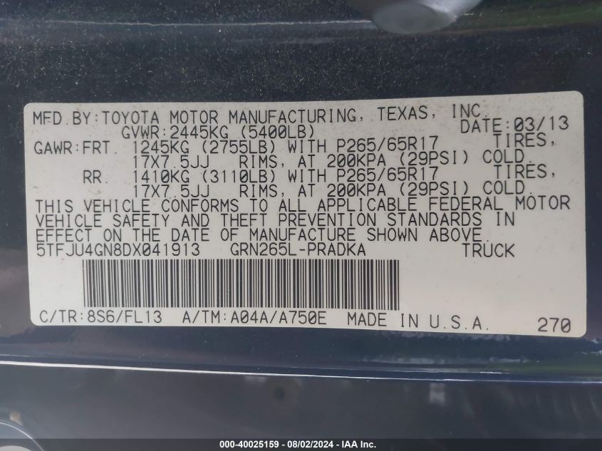 2013 Toyota Tacoma Double Cab Prerunner VIN: 5TFJU4GN8DX041913 Lot: 40025159