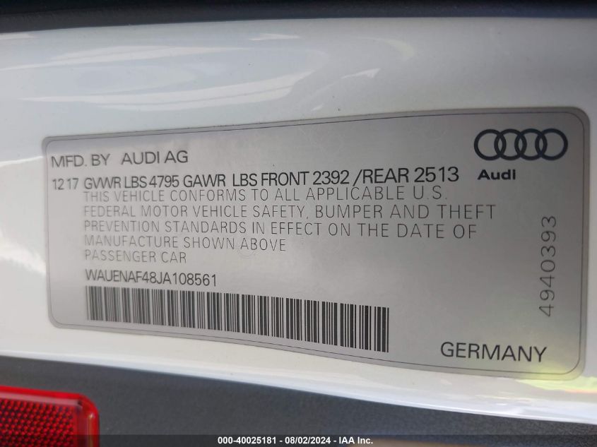 WAUENAF48JA108561 2018 Audi A4 2.0T Premium/2.0T Tech Premium