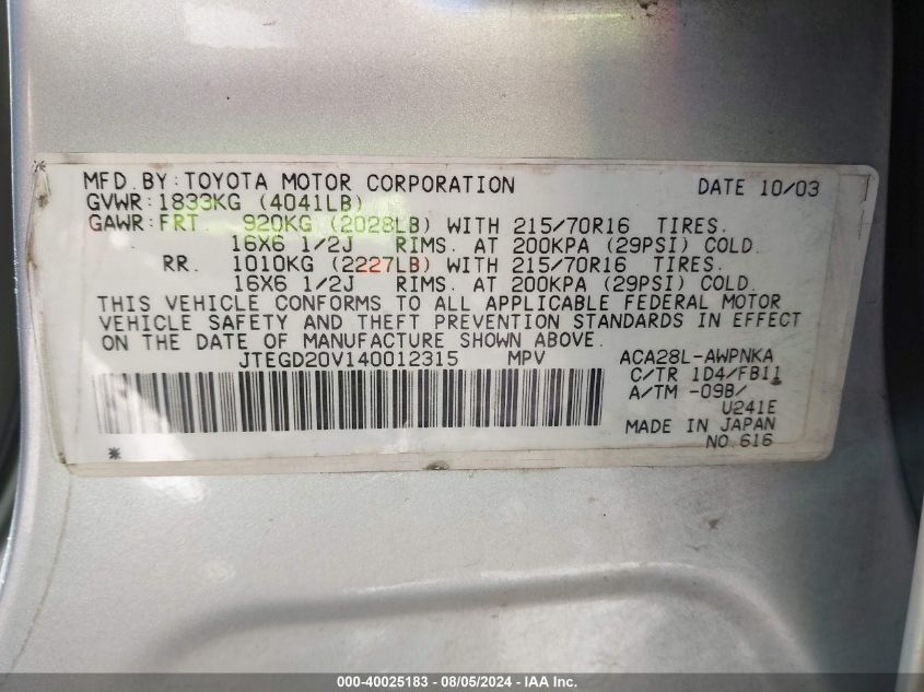 2004 Toyota Rav4 VIN: JTEGD20V140012315 Lot: 40025183