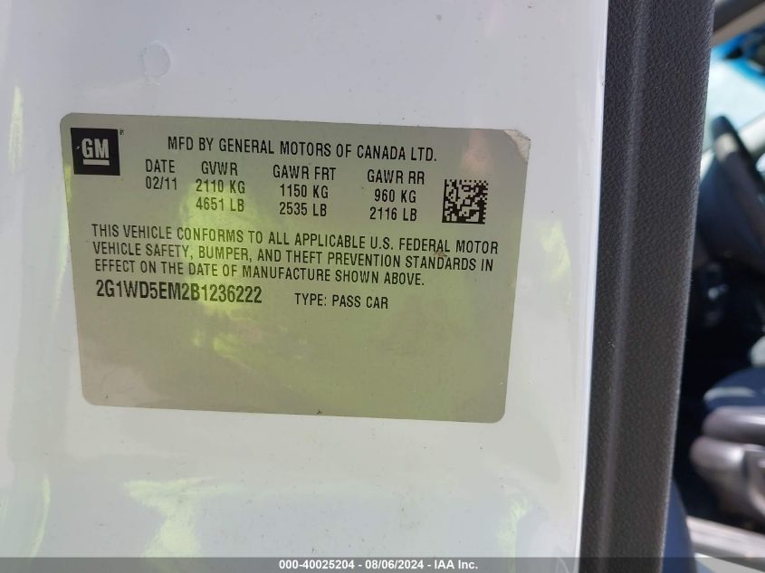 2011 Chevrolet Impala Police VIN: 2G1WD5EM2B1236222 Lot: 40025204