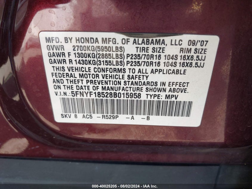 2008 Honda Pilot Ex-L VIN: 5FNYF18528B015958 Lot: 40025205