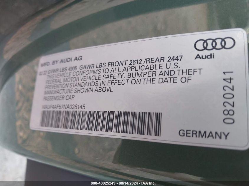 2022 Audi S5 Premium Plus Tfsi Quattro Tiptronic VIN: WAUP4AF57NA028145 Lot: 40025249