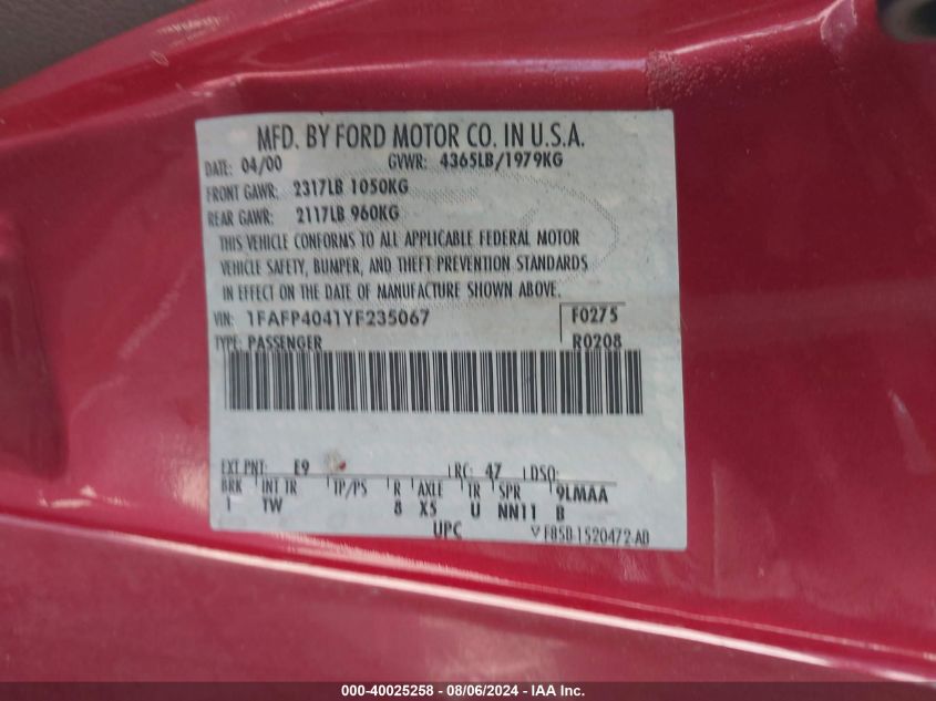 2000 Ford Mustang VIN: 1FAFP4041YF235067 Lot: 40025258