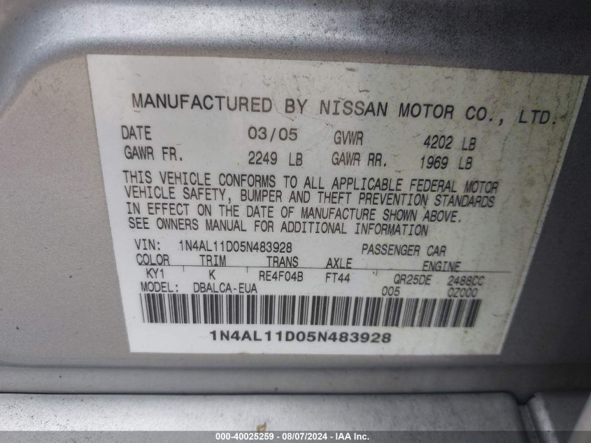 2005 Nissan Altima 2.5 S VIN: 1N4AL11D05N483928 Lot: 40025259