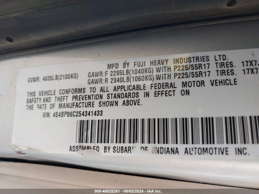 2005 Subaru Outback 3.0R L.l. Bean Edition VIN: 4S4BP86C254341433 Lot: 40025261