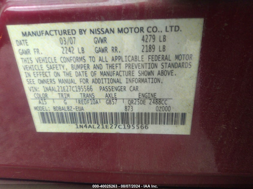 2007 Nissan Altima 2.5 S VIN: 1N4AL21E27C195566 Lot: 40025263