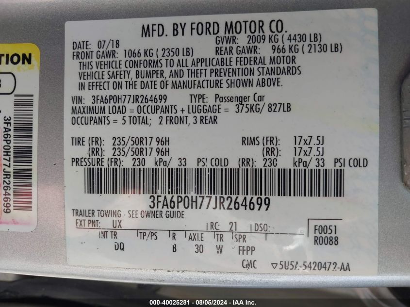 2018 FORD FUSION SE - 3FA6P0H77JR264699