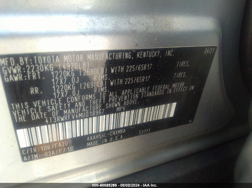 2021 Toyota Rav4 Hybrid Xle VIN: 4T3RWRFV4MU018967 Lot: 40025295