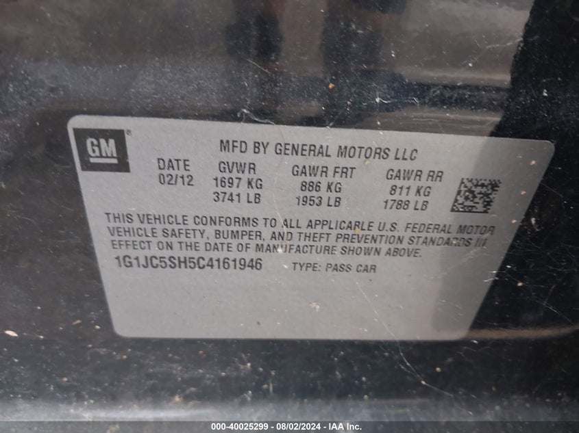 2012 Chevrolet Sonic Lt VIN: 1G1JC5SH5C4161946 Lot: 40025299