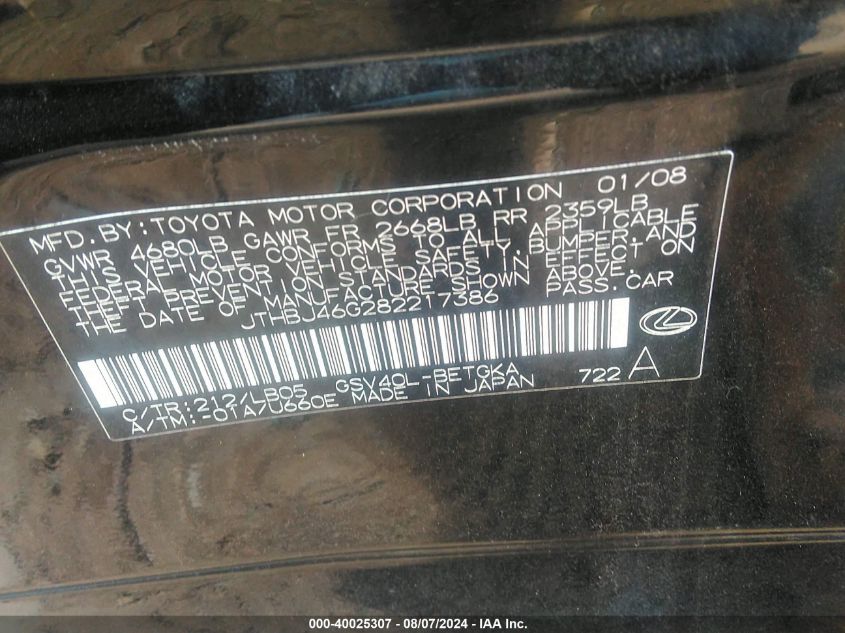 2008 Lexus Es 350 VIN: JTHBJ46G282217386 Lot: 40025307