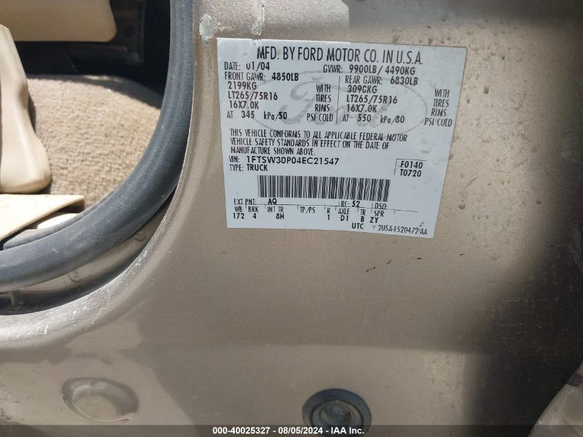 2004 Ford F-350 Lariat/Xl/Xlt VIN: 1FTSW30P04EC21547 Lot: 40025327