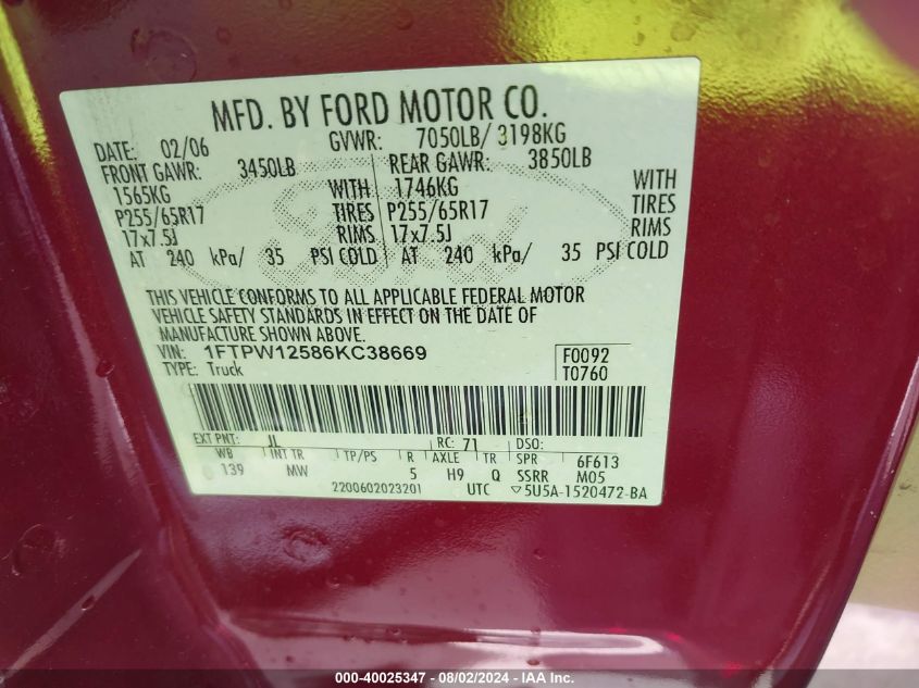 2006 Ford F-150 Lariat/Xlt VIN: 1FTPW12586KC38669 Lot: 40025347