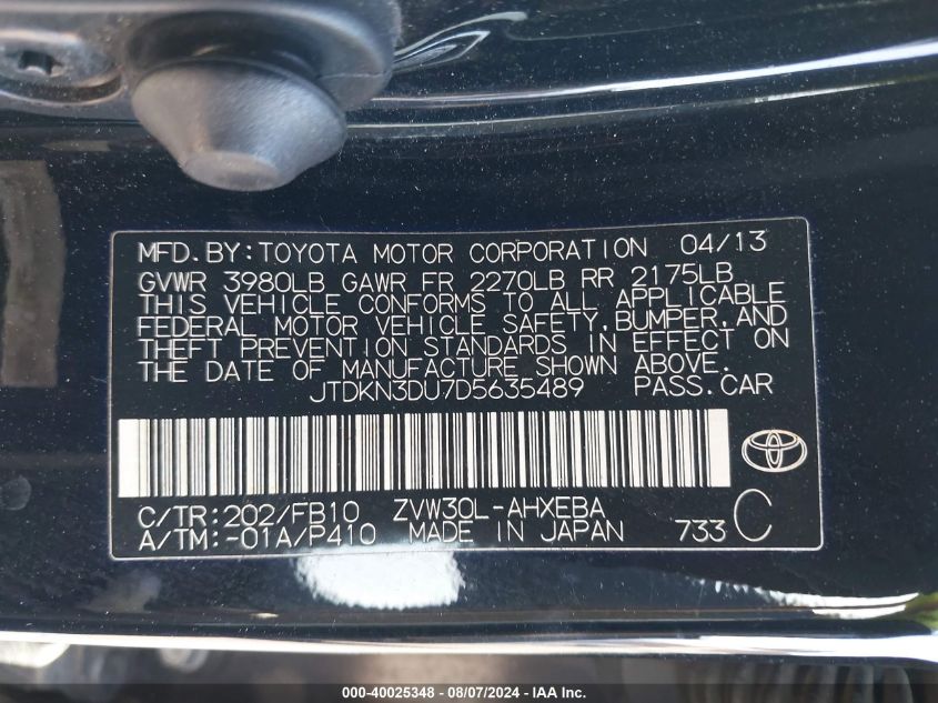 2013 Toyota Prius Two VIN: JTDKN3DU7D5635489 Lot: 40025348