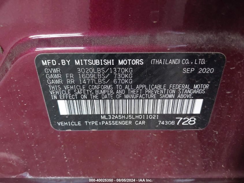 2020 Mitsubishi Mirage Gt/Le VIN: ML32A5HJ5LH011021 Lot: 40025350