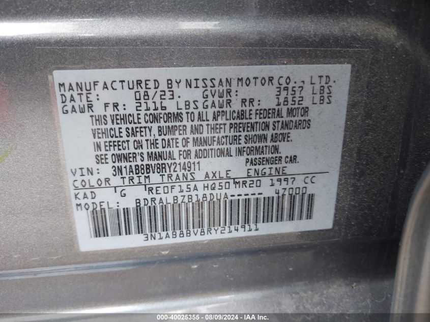 2024 Nissan Sentra S Xtronic Cvt VIN: 3N1AB8BV8RY214911 Lot: 40025355