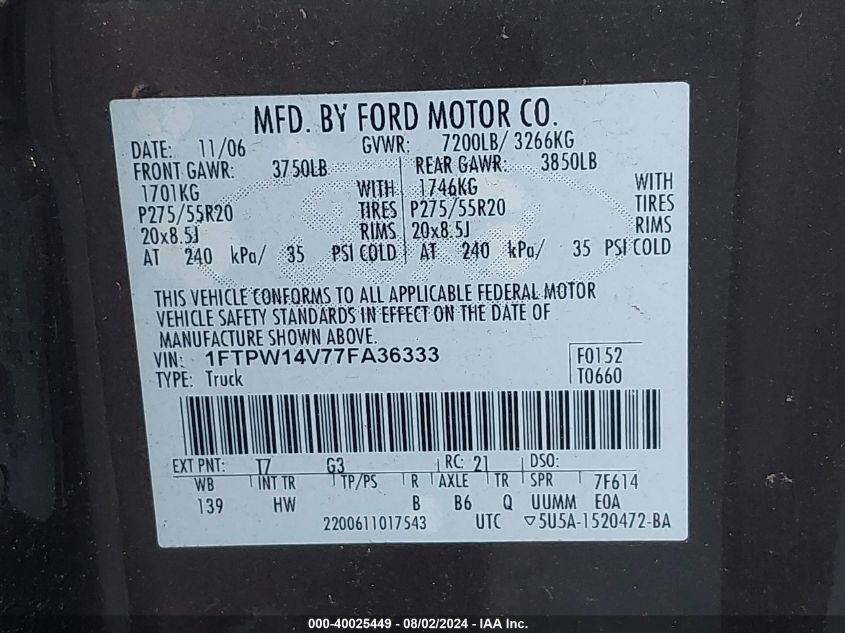 2007 Ford F150 Supercrew VIN: 1FTPW14V77FA36333 Lot: 40025449
