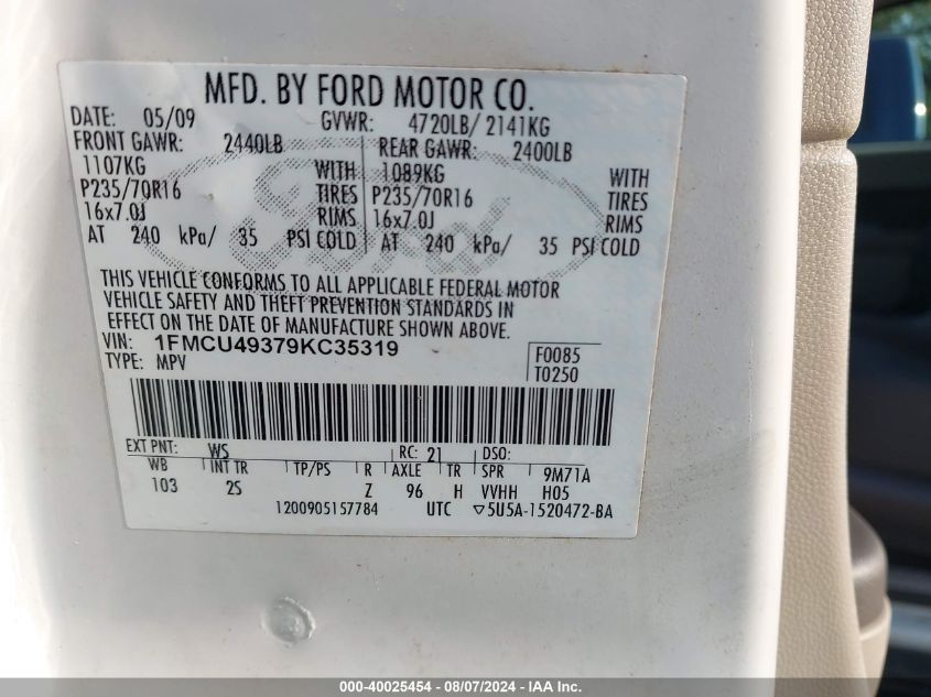 2009 Ford Escape Hybrid Limited VIN: 1FMCU49379KC35319 Lot: 40025454