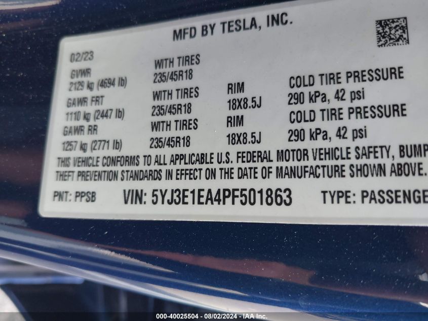 2023 Tesla Model 3 Rear-Wheel Drive VIN: 5YJ3E1EA4PF501863 Lot: 40025504