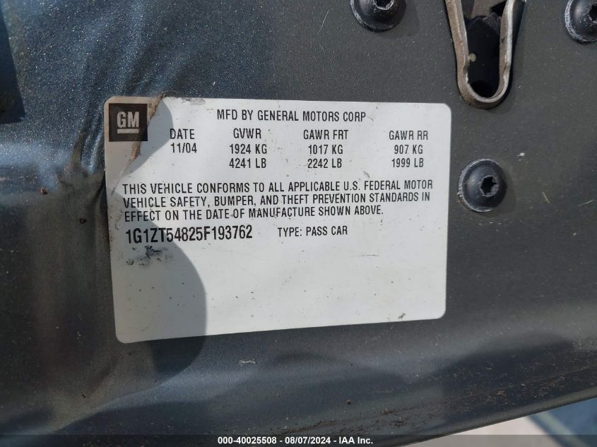 2005 Chevrolet Malibu Ls VIN: 1G1ZT54825F193762 Lot: 40025508