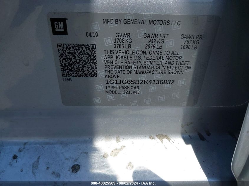 2019 Chevrolet Sonic Lt Auto VIN: 1G1JG6SB2K4136832 Lot: 40025509