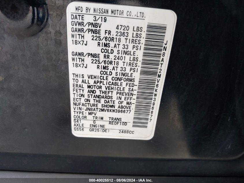 2019 Nissan Rogue Sv VIN: JN8AT2MV6KW396677 Lot: 40025512