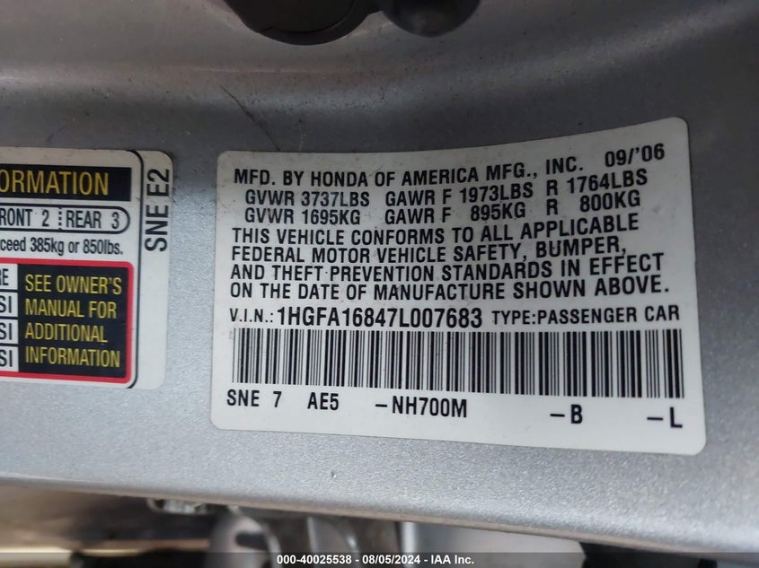 2007 Honda Civic Ex VIN: 1HGFA16847L007683 Lot: 40025538