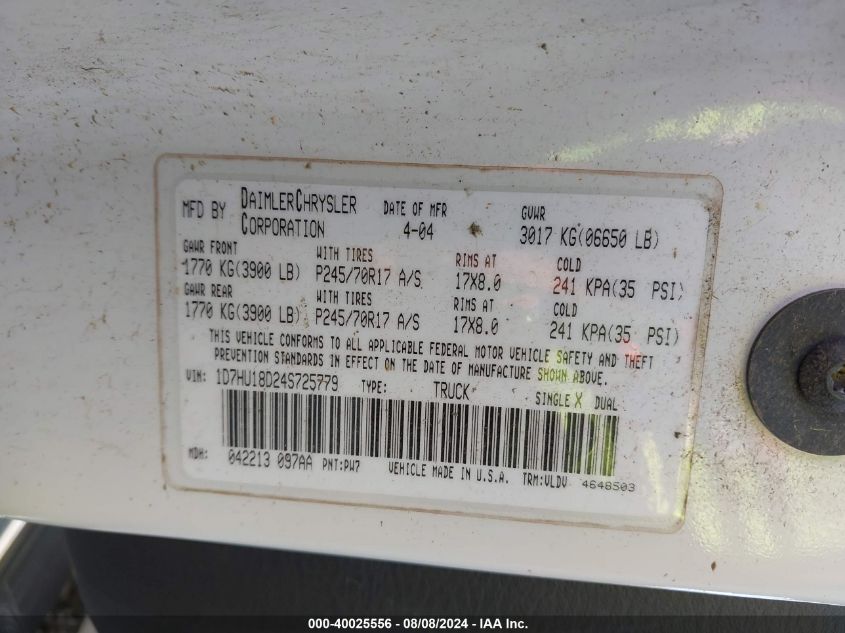 2004 Dodge Ram 1500 Slt/Laramie VIN: 1D7HU18D24S725779 Lot: 40025556