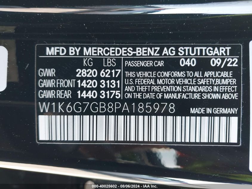 2023 Mercedes-Benz S 580 4Matic VIN: W1K6G7GB8PA185978 Lot: 40025602