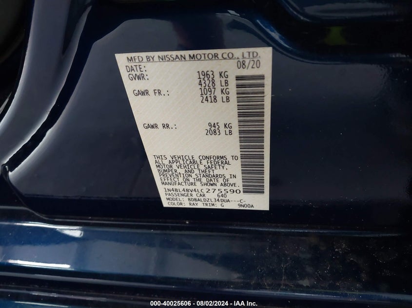 2020 Nissan Altima S Fwd VIN: 1N4BL4BV4LC275590 Lot: 40025606