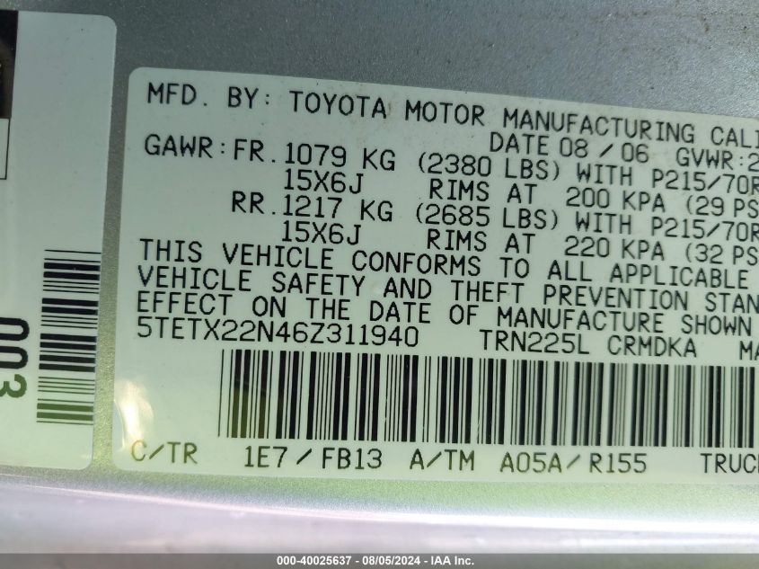 2006 Toyota Tacoma Access Cab VIN: 5TETX22N46Z311940 Lot: 40025637
