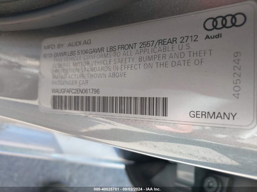 2014 Audi A6 2.0T Premium VIN: WAUGFAFC2EN061796 Lot: 40025701