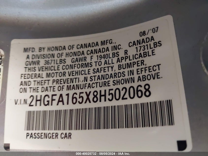 2008 Honda Civic Sdn Lx VIN: 2HGFA165X8H502068 Lot: 40025732