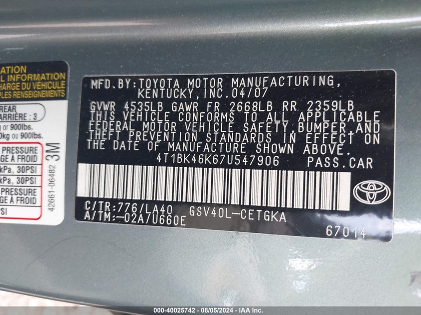 2007 Toyota Camry Xle V6 VIN: 4T1BK46K67U547906 Lot: 40025742