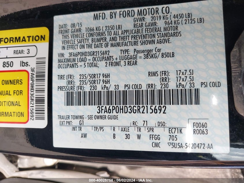 2016 Ford Fusion Se VIN: 3FA6P0HD3GR215692 Lot: 40025758