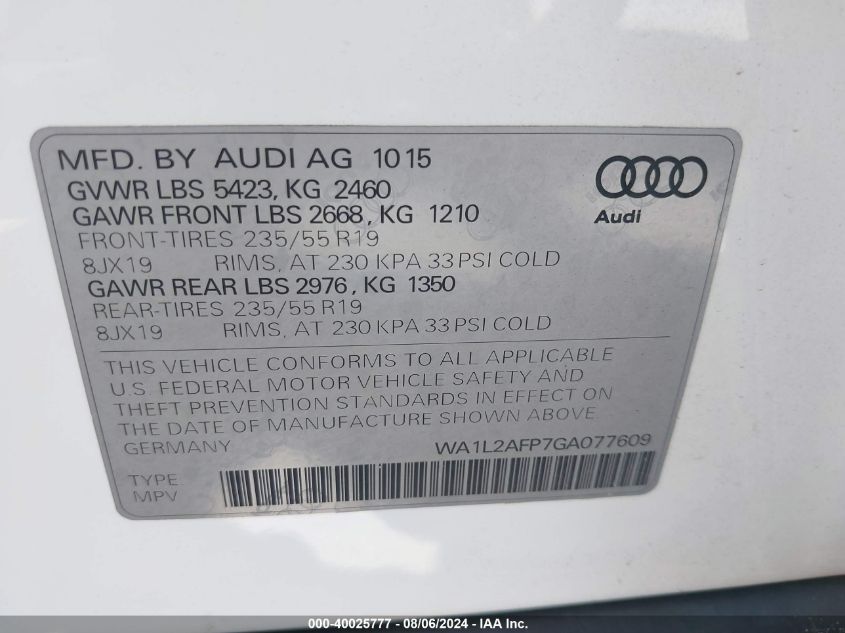 2016 Audi Q5 2.0T Premium VIN: WA1L2AFP7GA077609 Lot: 40025777