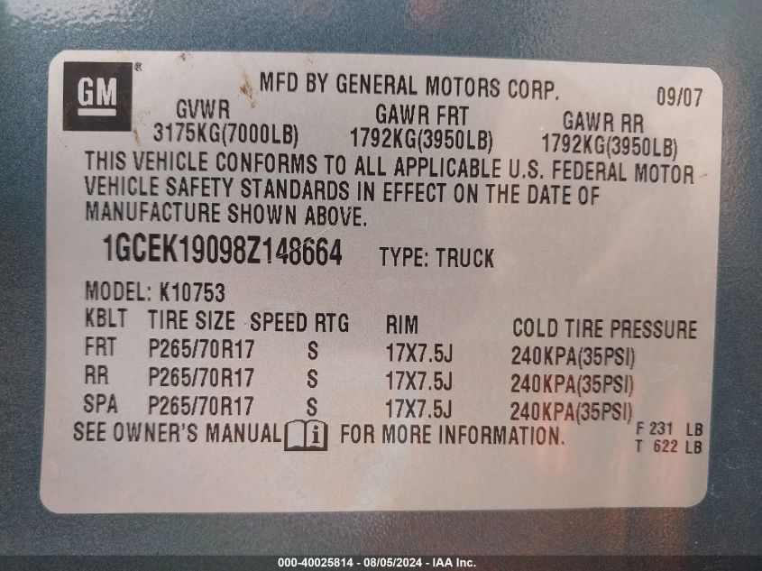 2008 Chevrolet Silverado 1500 Lt1 VIN: 1GCEK19098Z148664 Lot: 40025814
